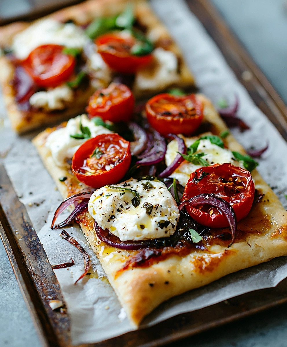 Fougasse oignons burrata tomate