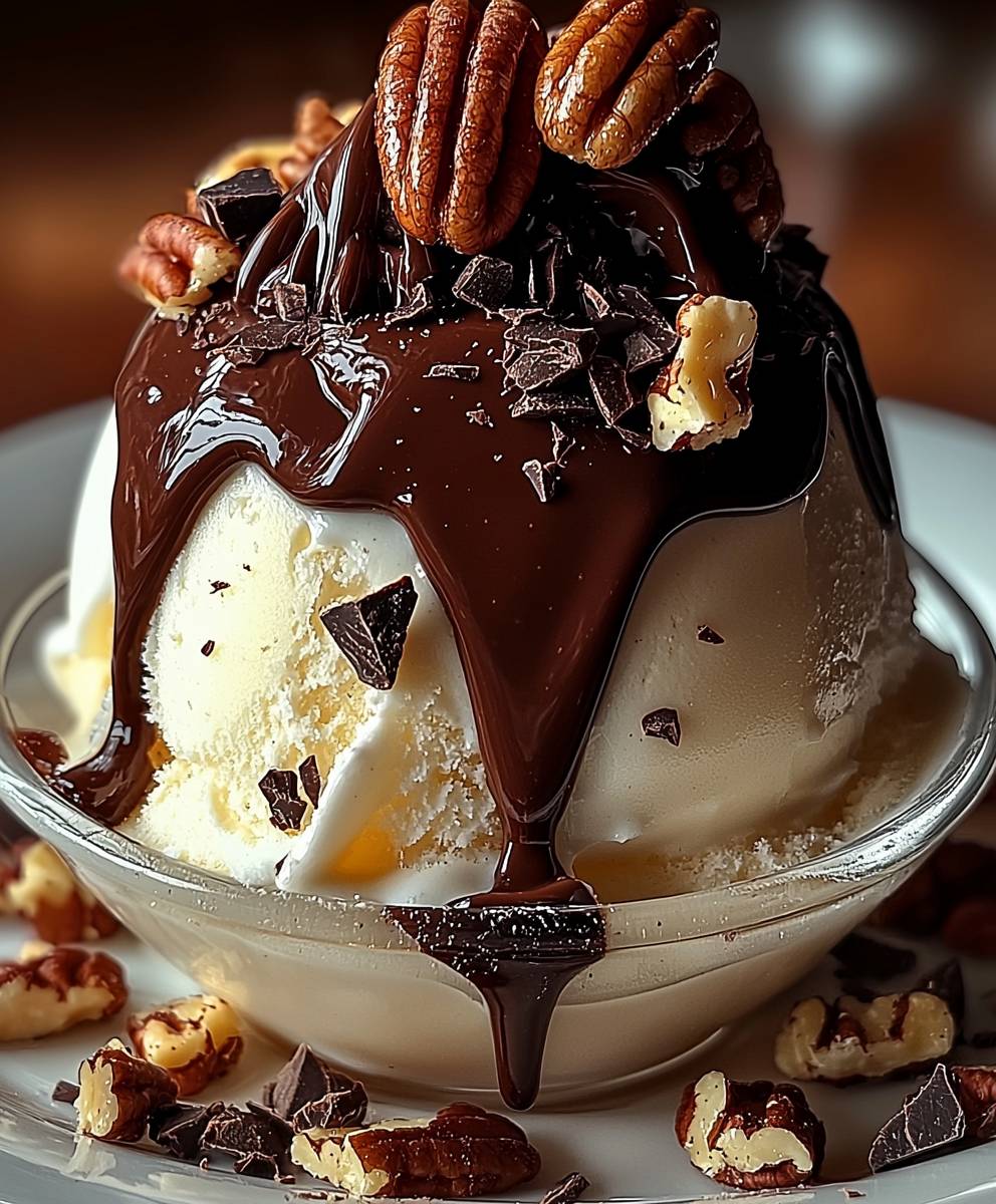 Dessert chocolat glace vanille pécan