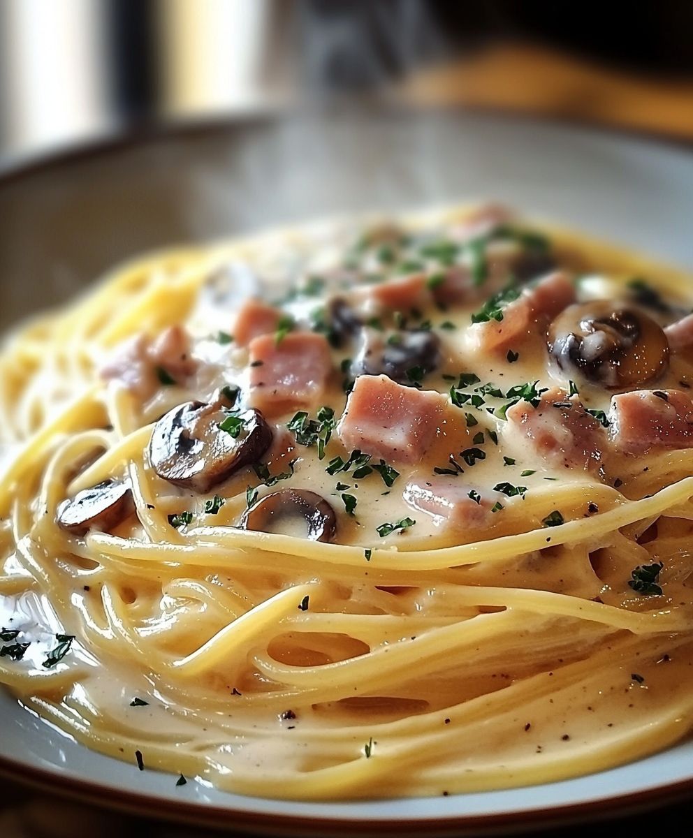 Spaghetti sauce crème jambon champignons