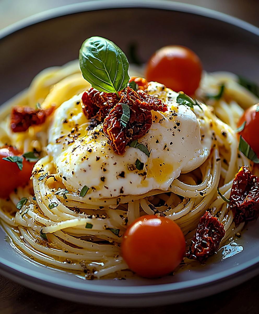 Pâtes burrata tomates confites