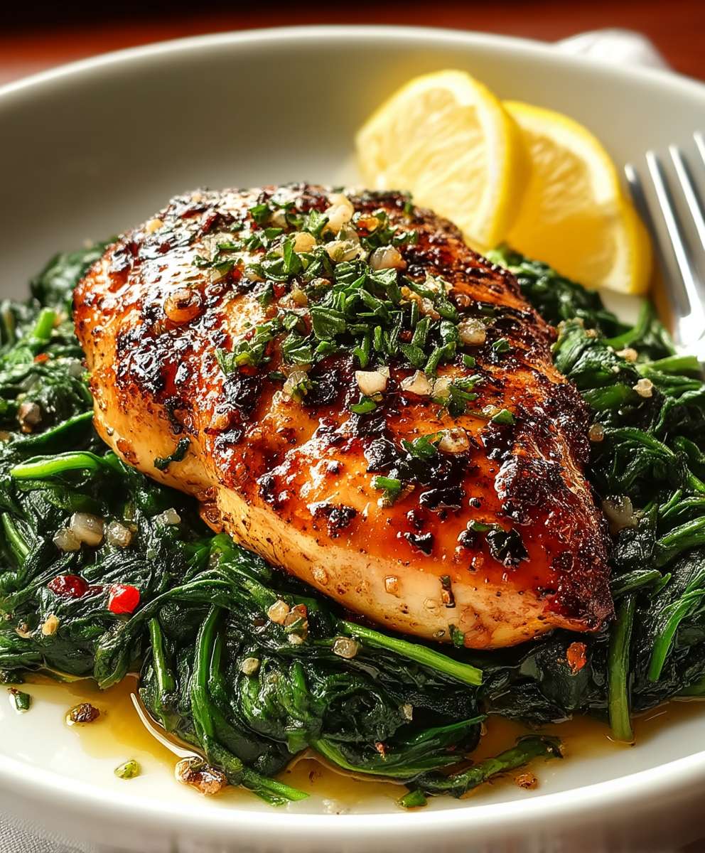 Poulet asado épinards ail sautés