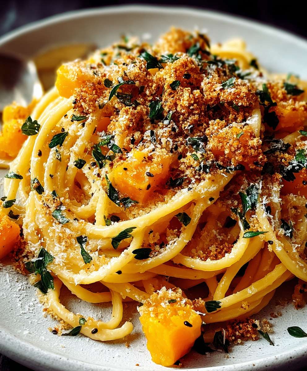 Pâtes courge musquée chapelure grillée