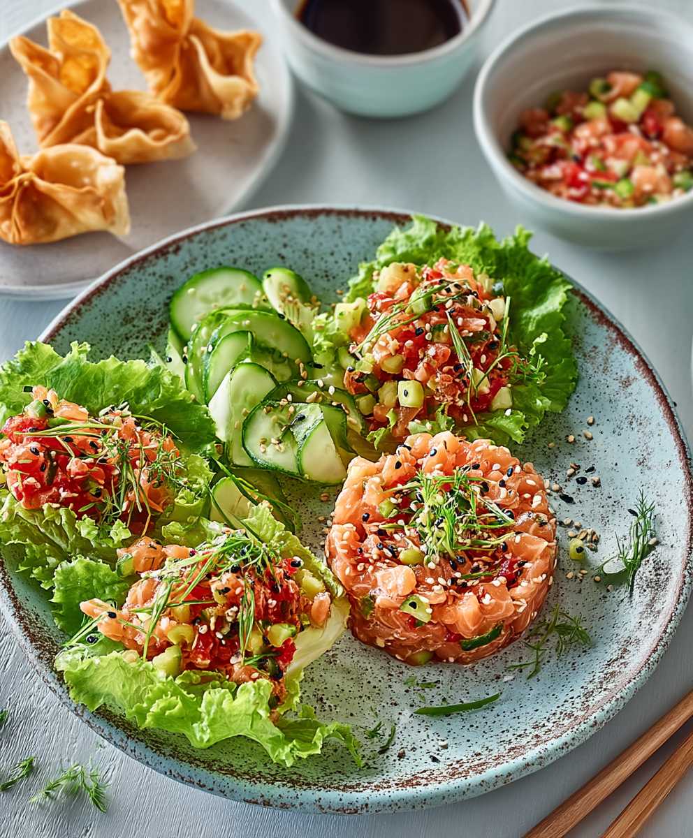 Tartare de saumon wontons croustillants