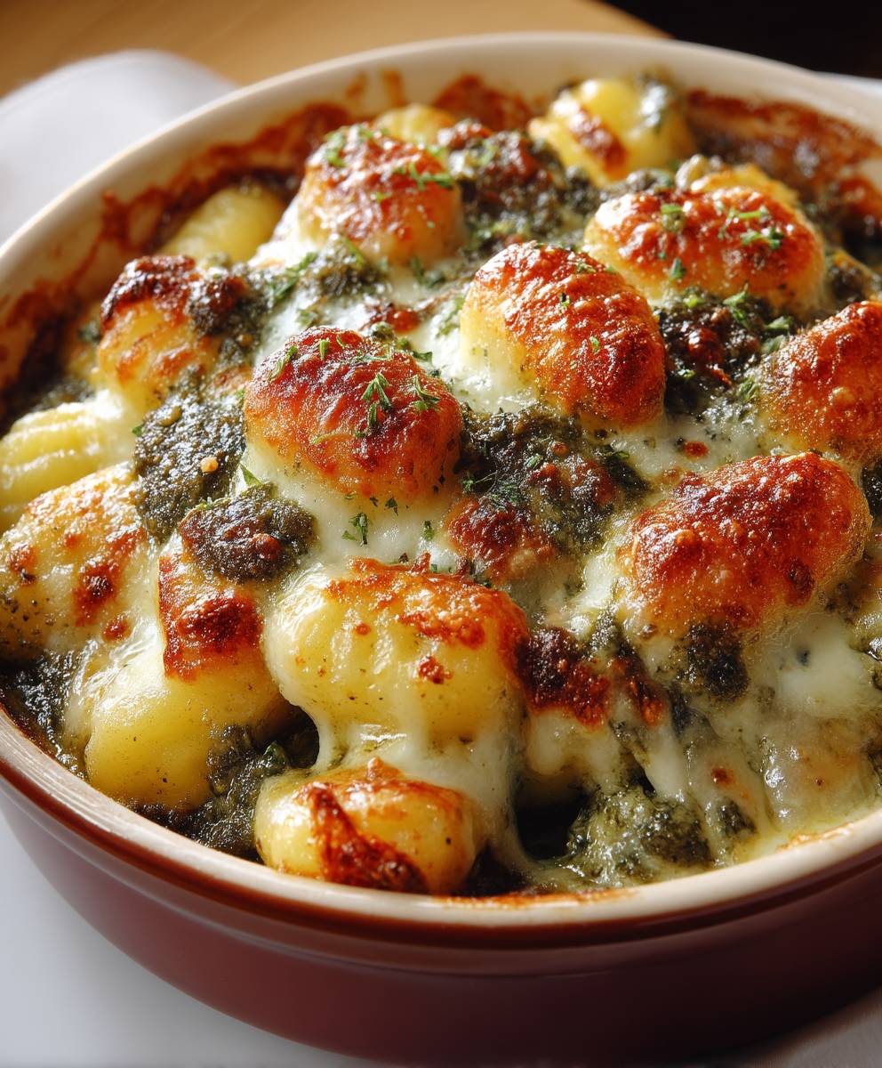 Gnocchis pesto gorgonzola gratinés