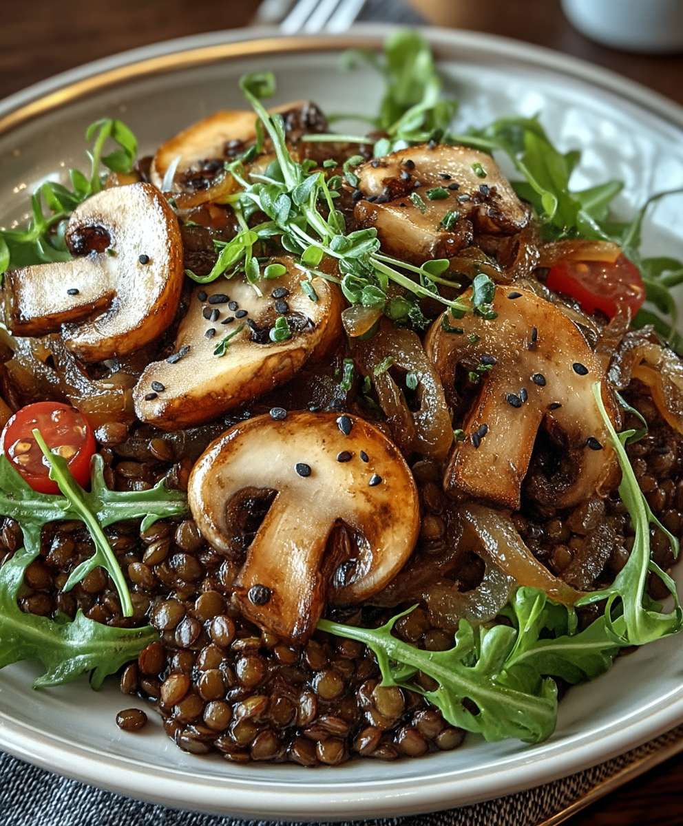 Salade champignons lentilles oignons caramélisés