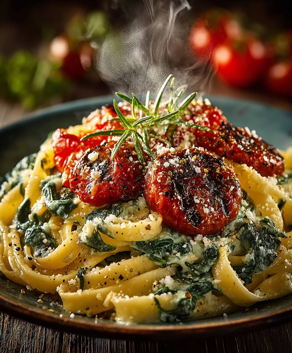 Pâtes tomate épinards saucisse