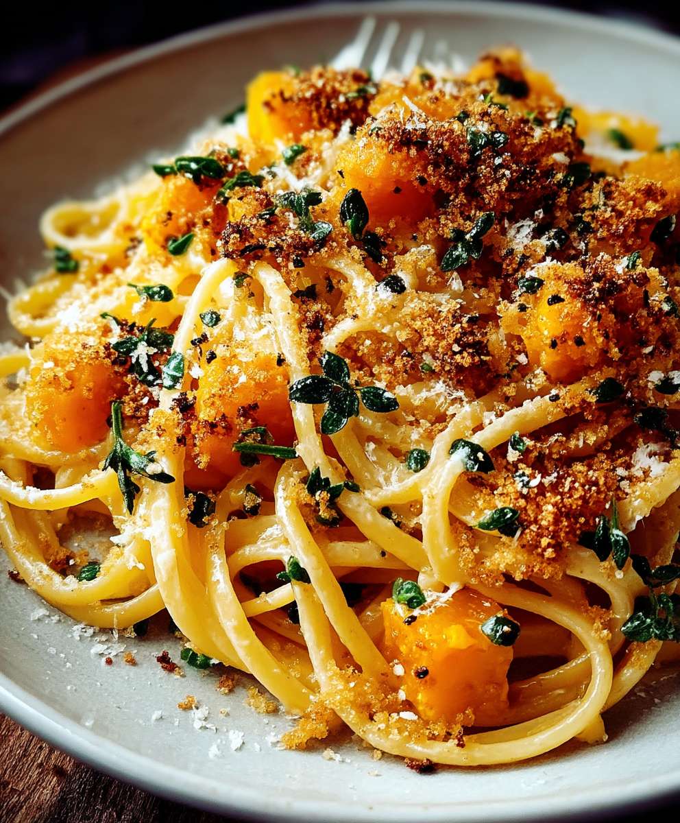 Pâtes courge musquée chapelure grillée