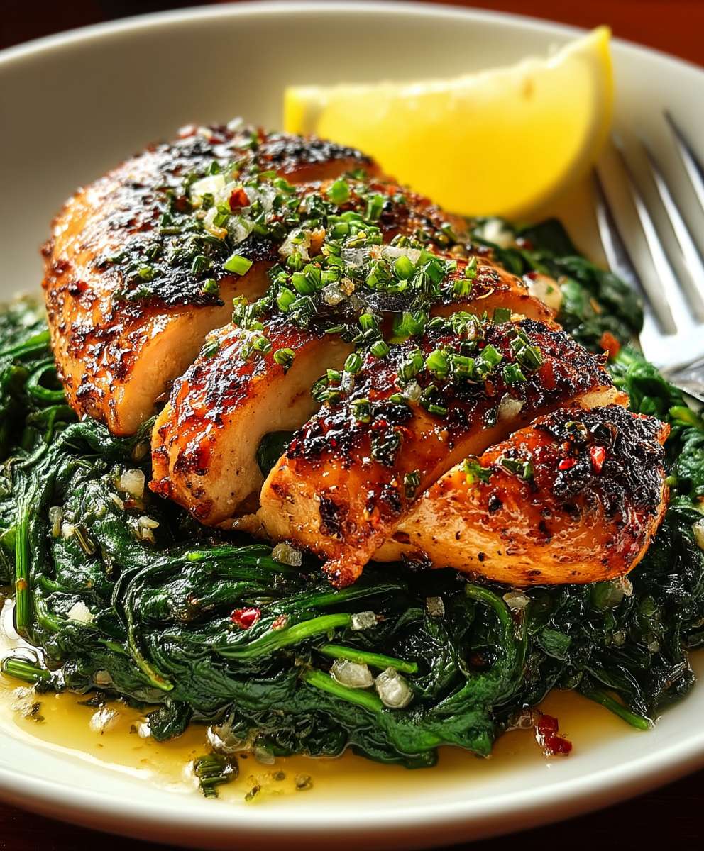 Poulet asado épinards ail sautés