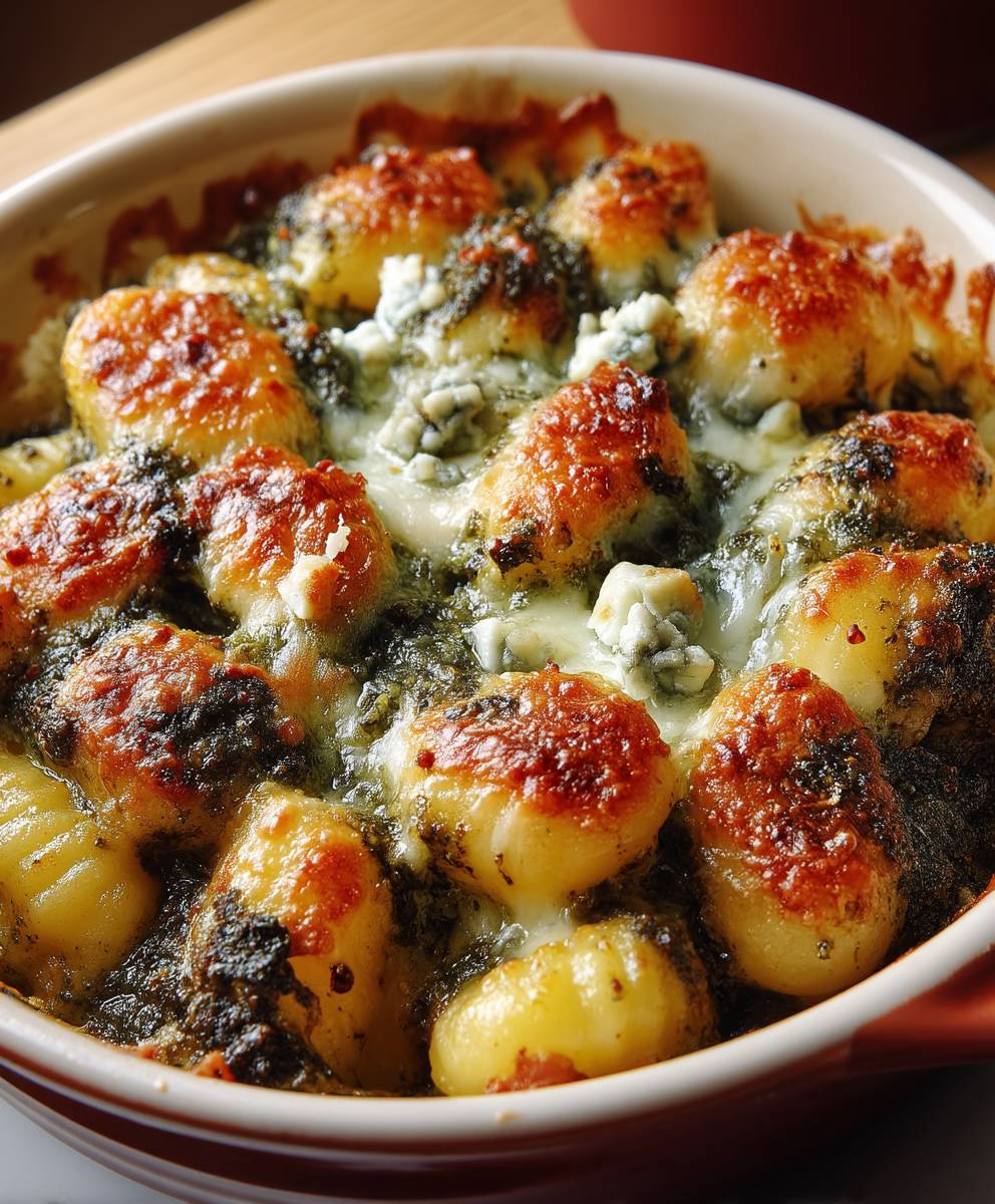 Gnocchis pesto gorgonzola gratinés