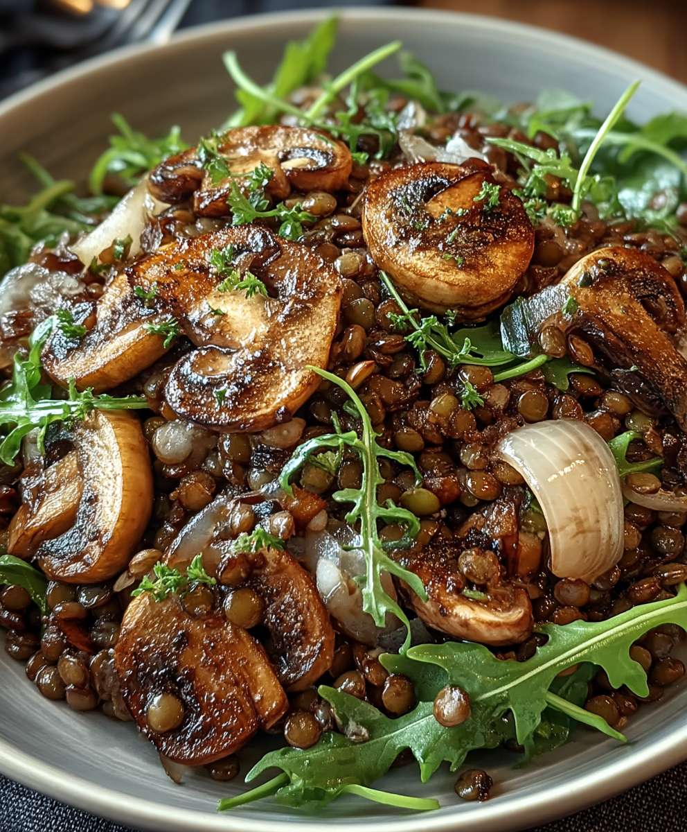 Salade champignons lentilles oignons caramélisés