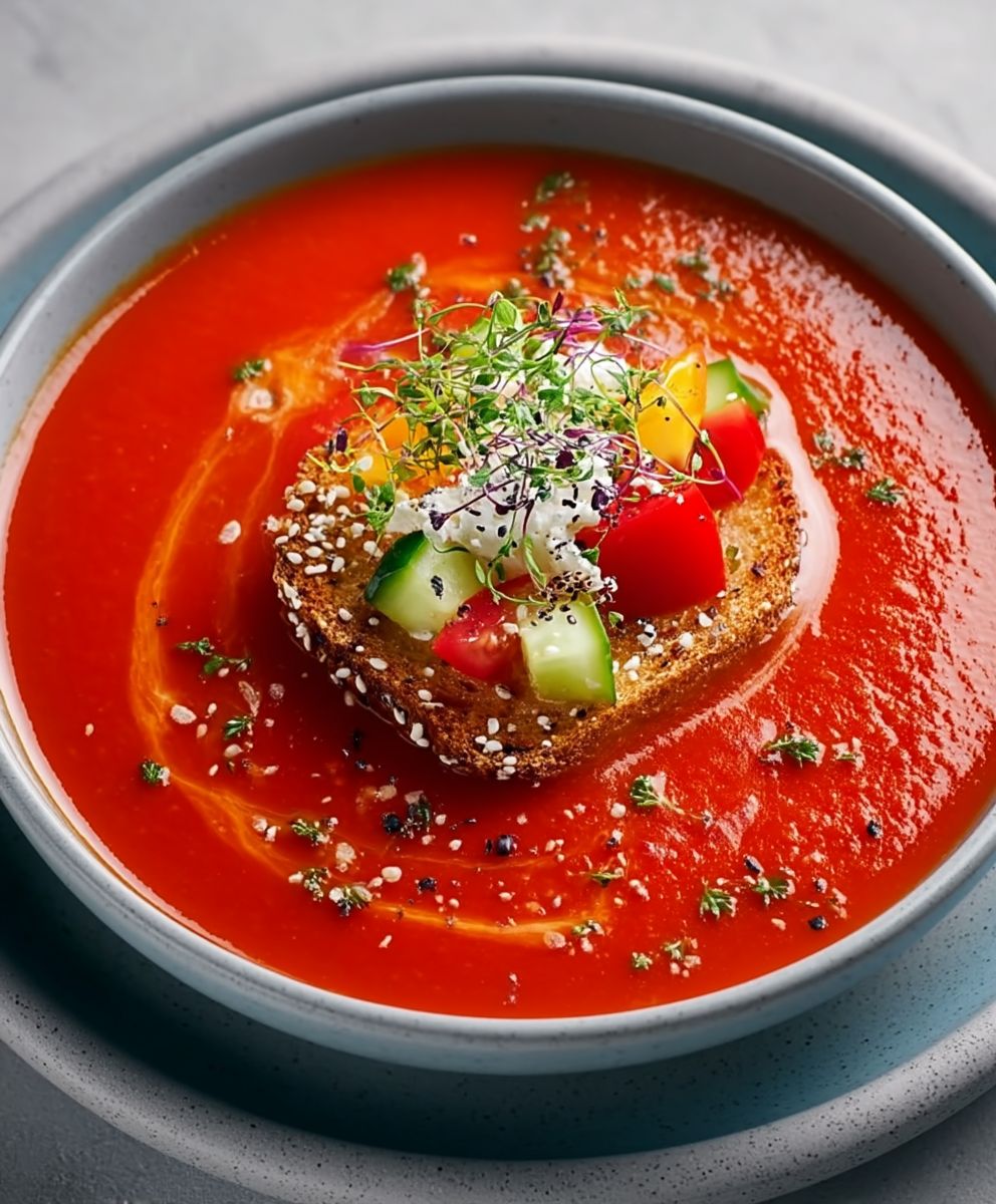 Gaspacho tomates fraîches toast tapenade