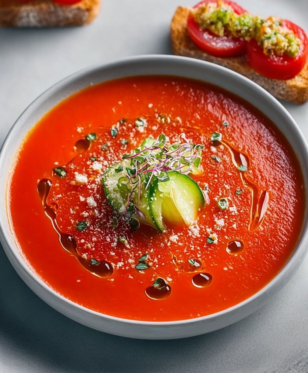Gaspacho tomates fraîches toast tapenade