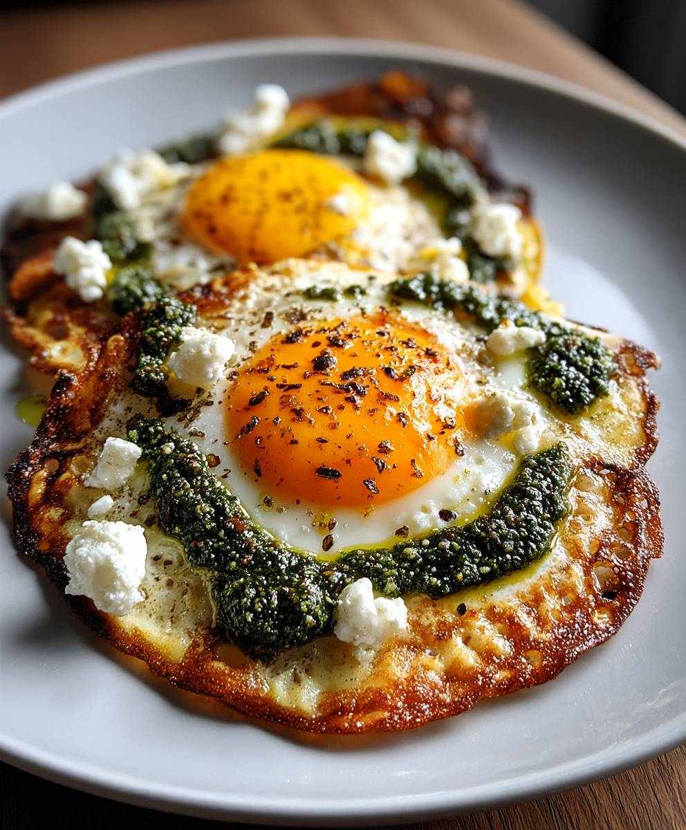 Oeufs frits feta pesto