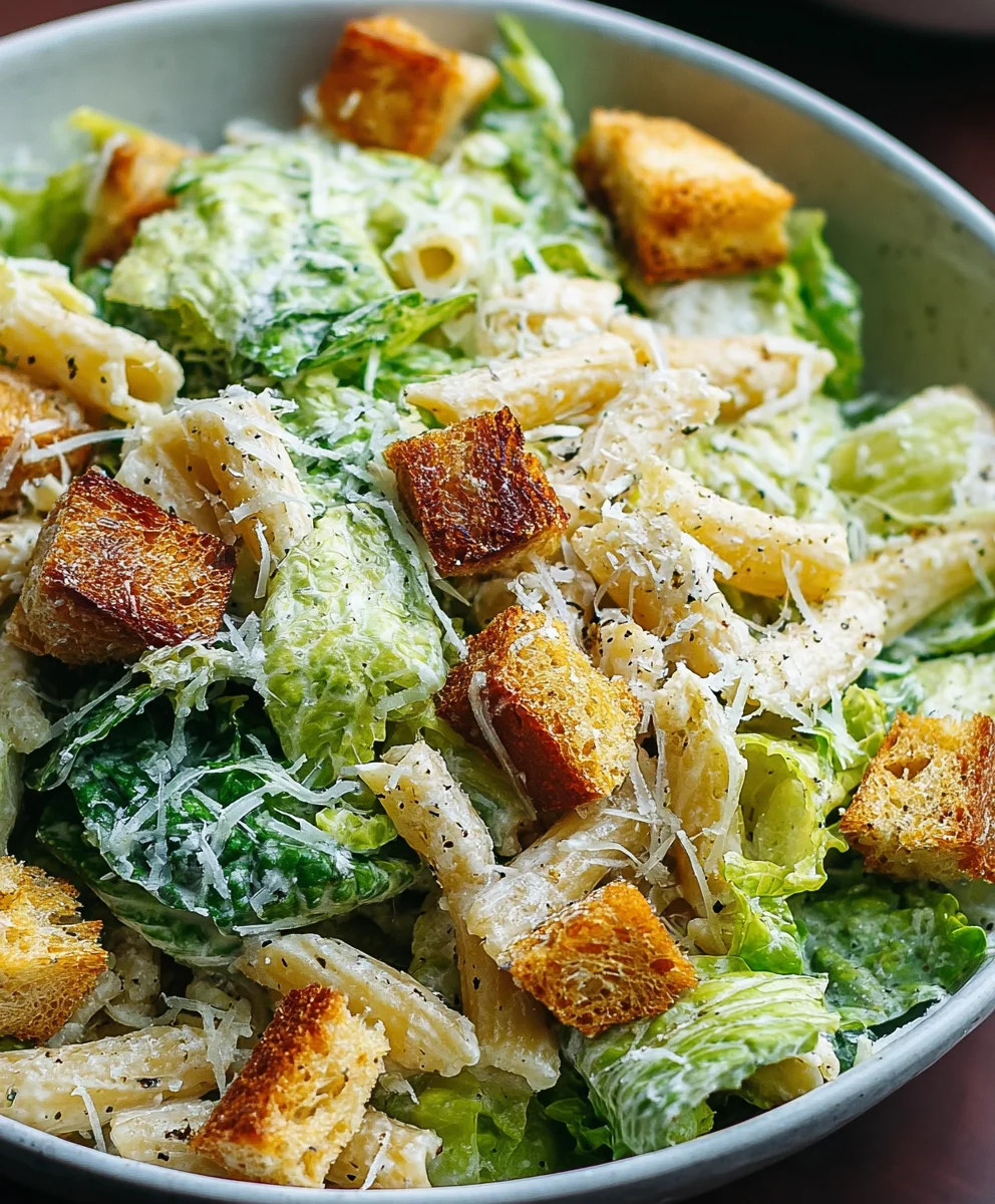 Salade Pâtes César Irrésistible: Croûtons Croustillants inclus!