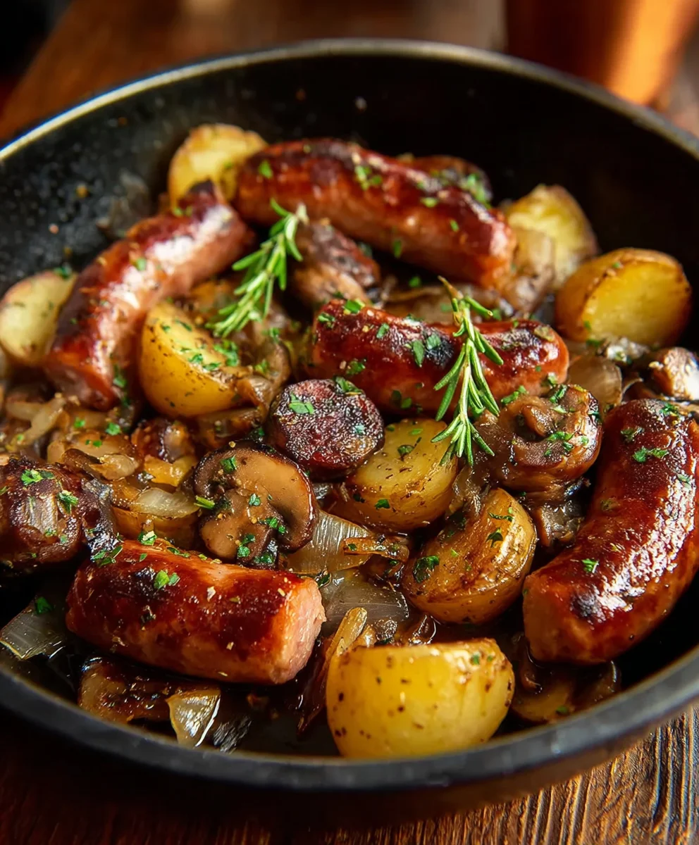 Saucisses Beef, Champignons & Pommes de Terre au Four Facile