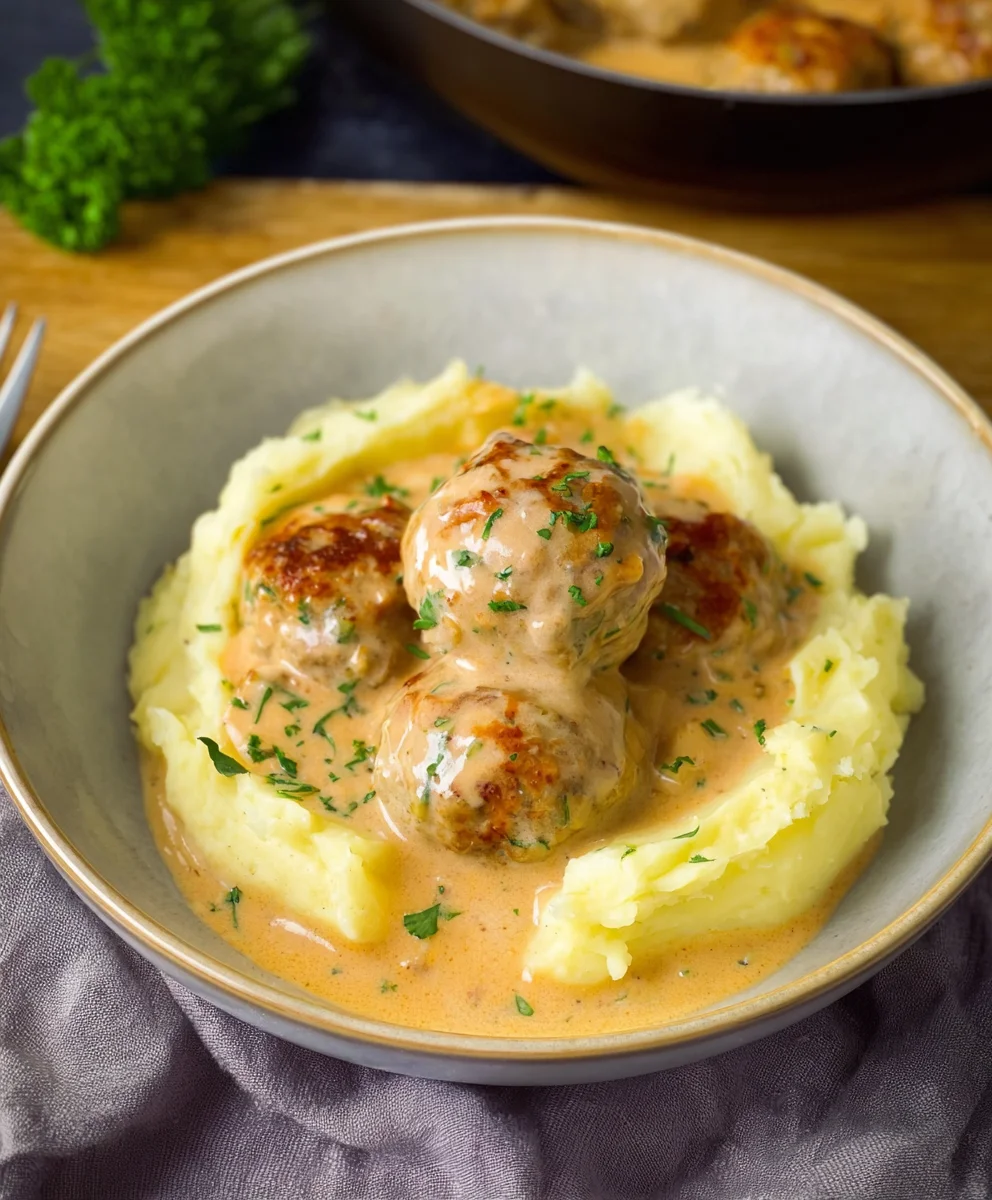 Boulettes Bœuf Sauce Crème, Purée Pommes de Terre