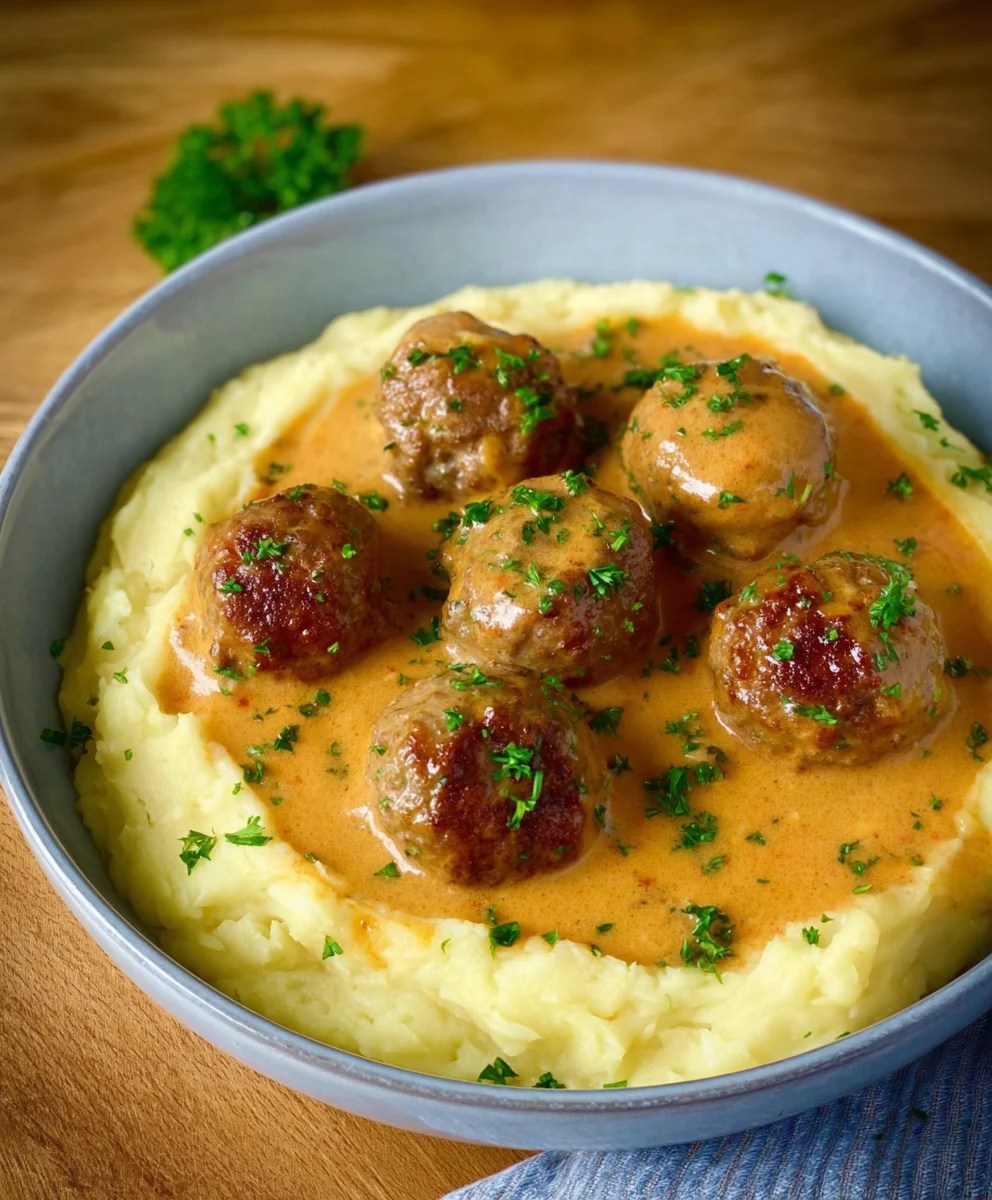 Boulettes Bœuf Sauce Crème, Purée Pommes de Terre